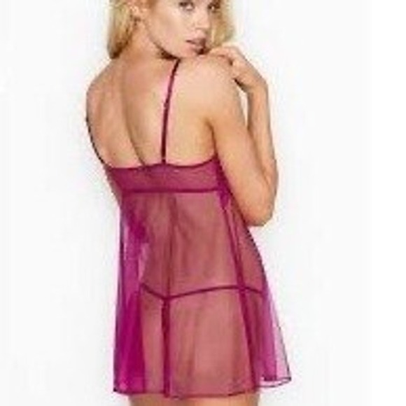 Victoria's Secret Plum Babydoll Chemise Lingerie Lace Mesh Sheer L - Picture 2 of 10